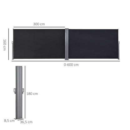 Double Side Awning Privacy Screen retractable parasol dim. 6L x 1.80H m High Density Anti-UV Polyester 180 g/m² Grey and black