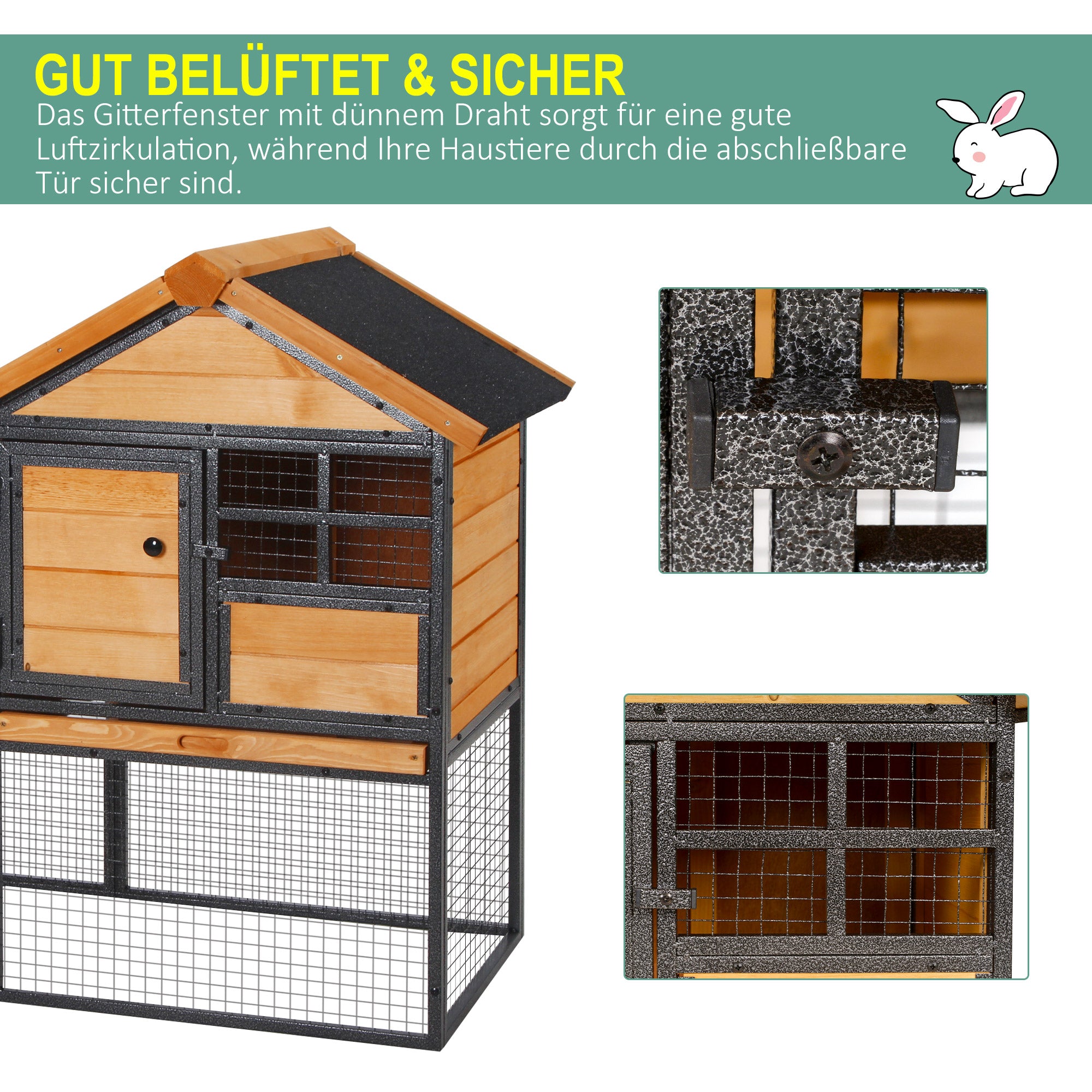 Rabbit Hutch Elevated Pet House Small Animal Hutch with Outdoor Run, Lockable Door Outdoor Wood-Metal Light Yellow 122 x 63 x 92 cm
