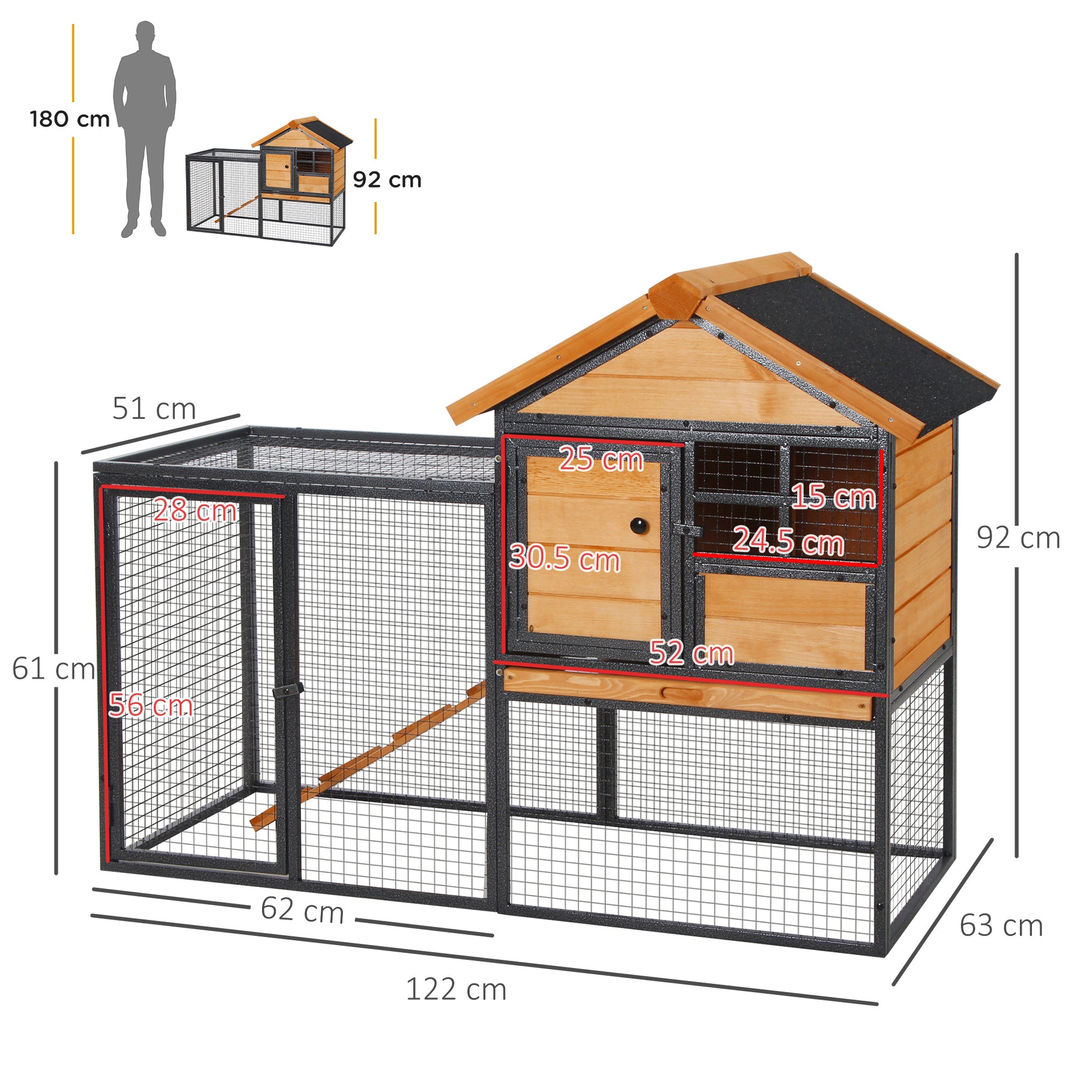 Rabbit Hutch Elevated Pet House Small Animal Hutch with Outdoor Run, Lockable Door Outdoor Wood-Metal Light Yellow 122 x 63 x 92 cm
