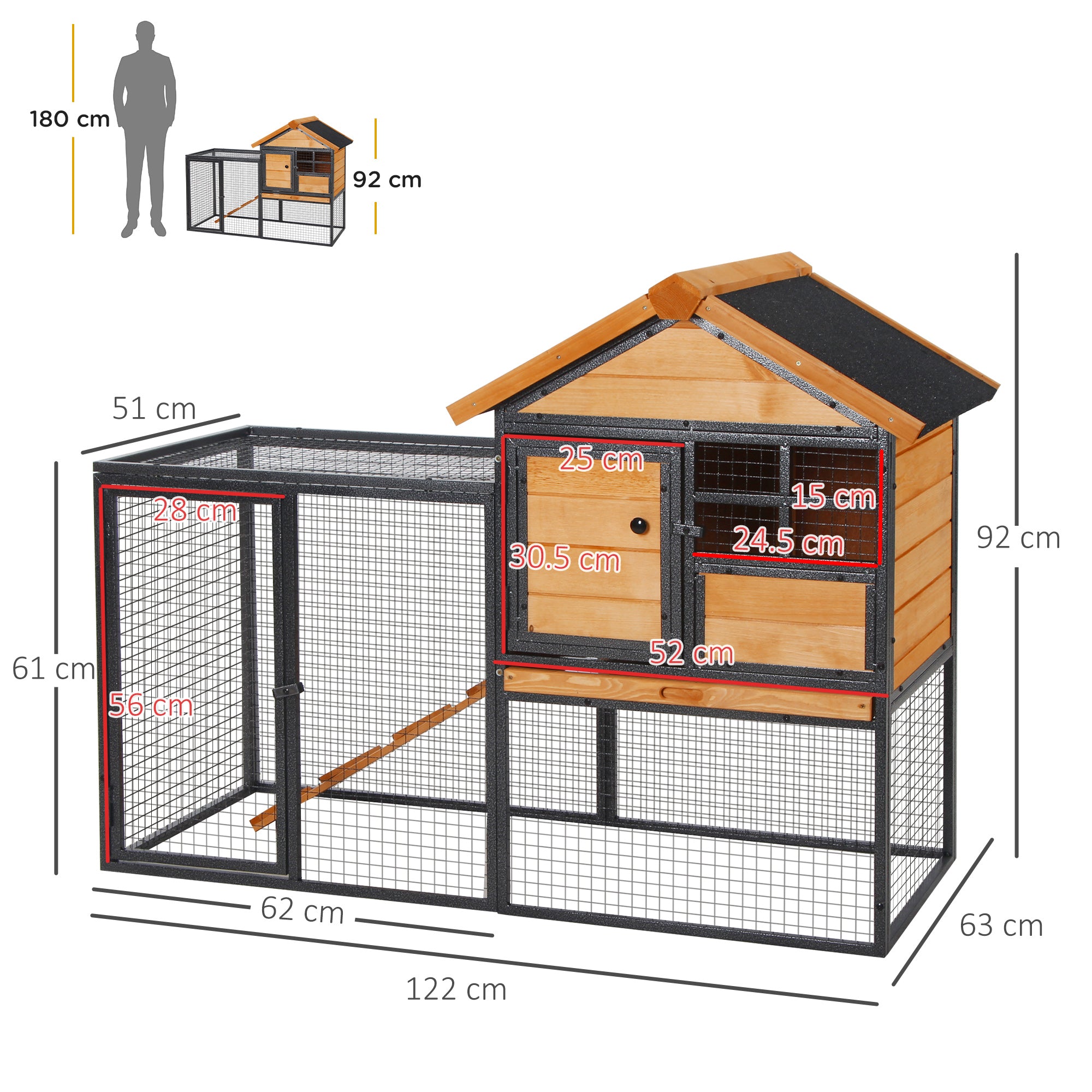 Rabbit Hutch Elevated Pet House Small Animal Hutch with Outdoor Run, Lockable Door Outdoor Wood-Metal Light Yellow 122 x 63 x 92 cm