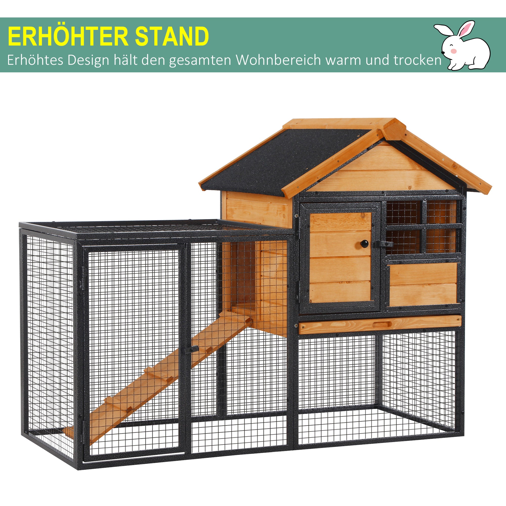 Rabbit Hutch Elevated Pet House Small Animal Hutch with Outdoor Run, Lockable Door Outdoor Wood-Metal Light Yellow 122 x 63 x 92 cm
