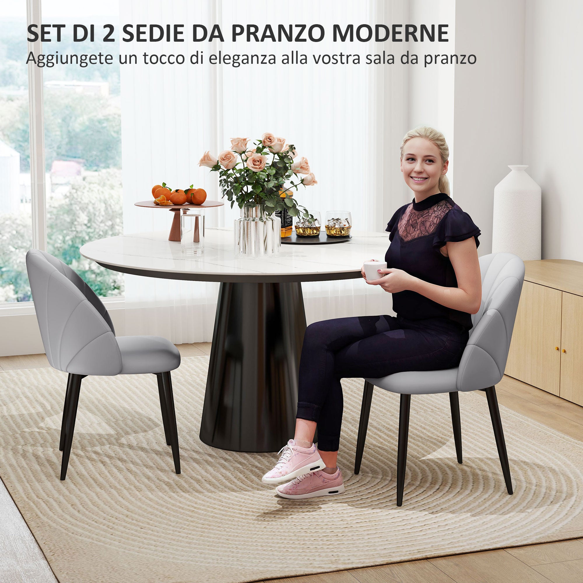 Set of 2 dining chairs made of PU leather, kitchen and living room chairs with steel legs and shell back, Light gray
