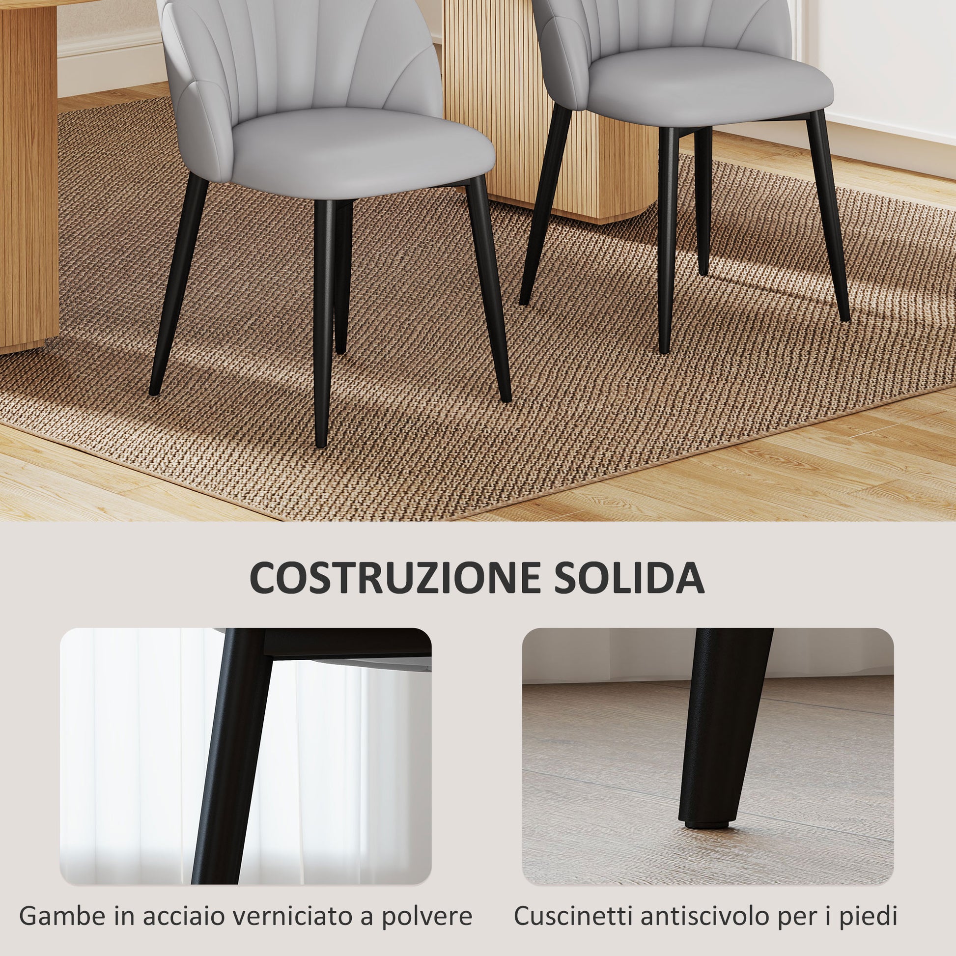 Set of 2 dining chairs made of PU leather, kitchen and living room chairs with steel legs and shell back, Light gray