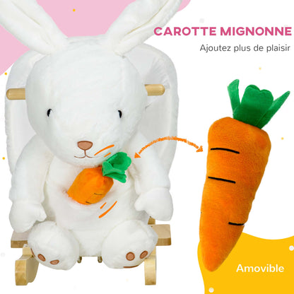 Animal Rocking Toy - Rabbit Model with Musical Function, Comfortable Seat with Safety Belt, Soft Short Plush, Poplar Wood 60 x 33 x 50 cm White
