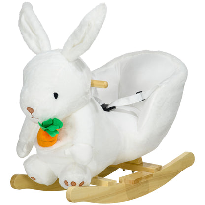 Animal Rocking Toy - Rabbit Model with Musical Function, Comfortable Seat with Safety Belt, Soft Short Plush, Poplar Wood 60 x 33 x 50 cm White