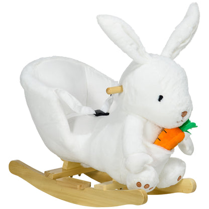 Animal Rocking Toy - Rabbit Model with Musical Function, Comfortable Seat with Safety Belt, Soft Short Plush, Poplar Wood 60 x 33 x 50 cm White