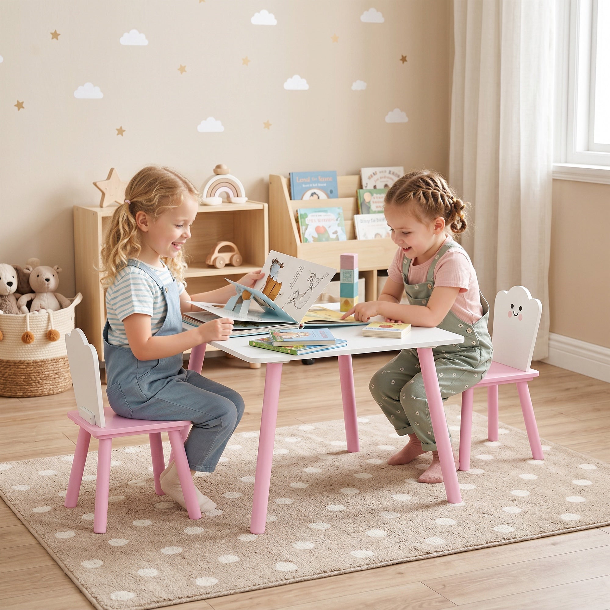 Kids Table with 2 Chairs — Wooden Activity Set for Drawing, Play & Study, Gift for Boys & Girls Ages 3–6, Pink
