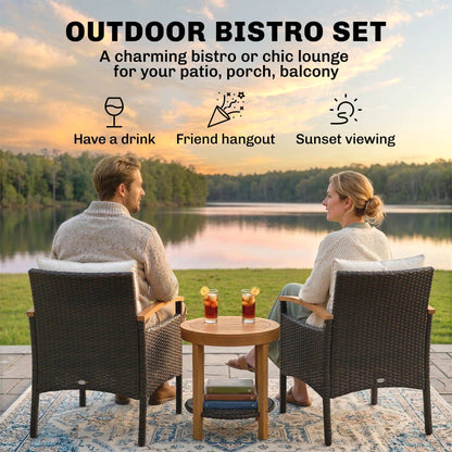 3-Piece Rattan Bistro Set – FSC Garden Furniture with 2 Armchairs, 2-Tier Acacia Wood Table, Thick Washable Cushions, Cream White