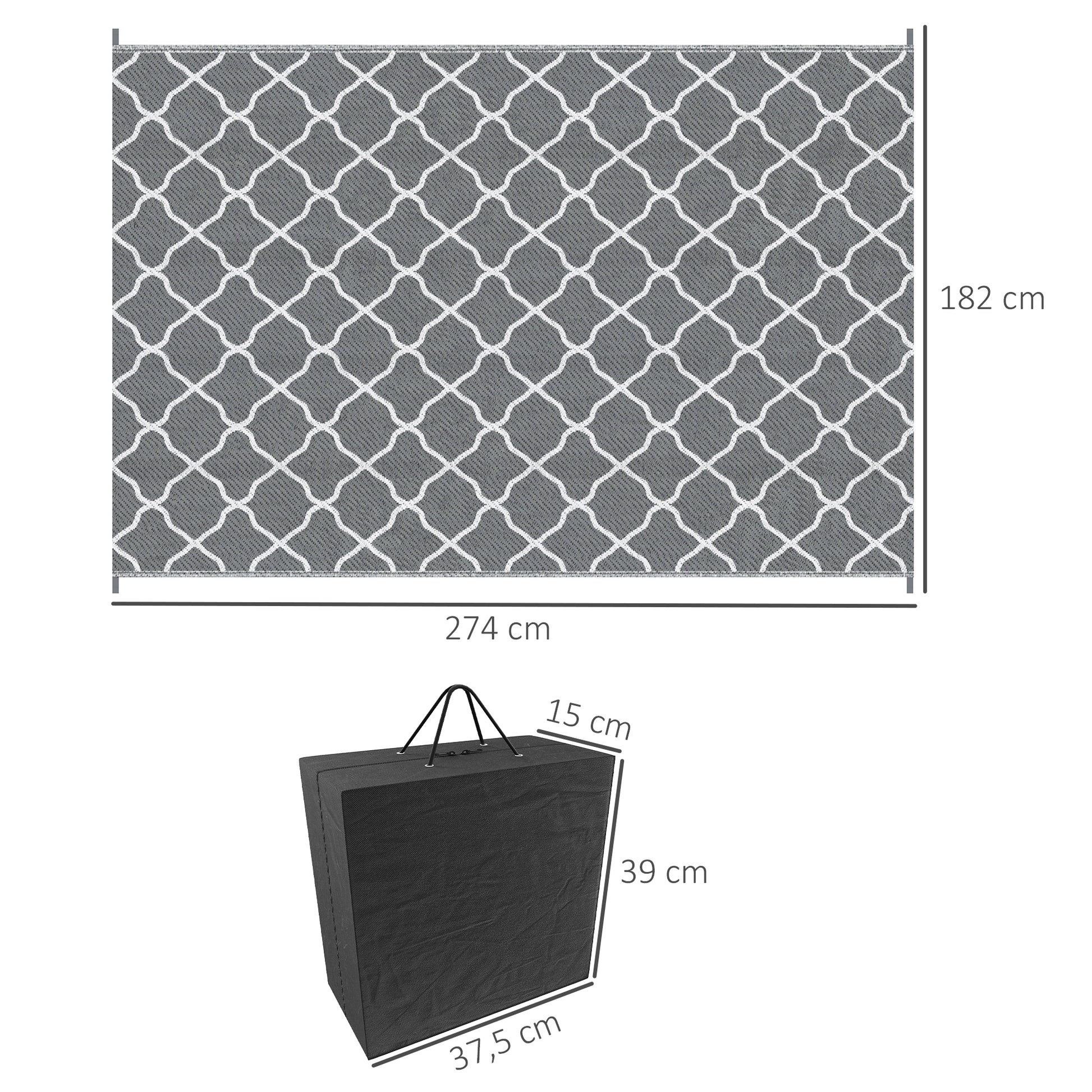 Outdoor Rug Reversible Rug Size 2.74L x 1.82W m - High Density 310 g/m² Gray and White PP