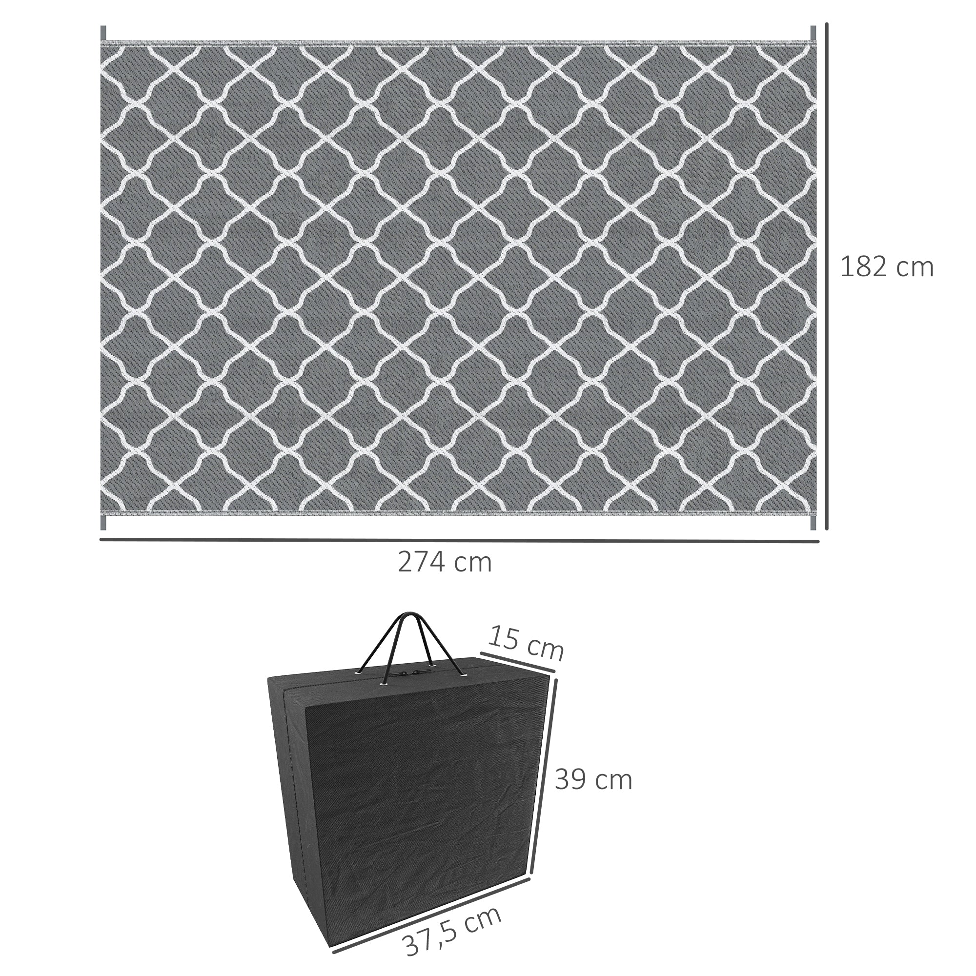 Outdoor Rug Reversible Rug Size 2.74L x 1.82W m - High Density 310 g/m² Gray and White PP