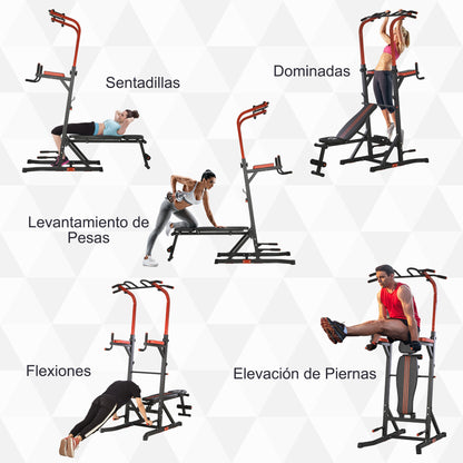 Workout Station Training Tower with Adjustable Height and 5-Position Reclining Backrest Chin-Up Fitness Bar Push-Ups Steel 108x178x202-238 cm Black