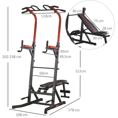 Workout Station Training Tower with Adjustable Height and 5-Position Reclining Backrest Chin-Up Fitness Bar Push-Ups Steel 108x178x202-238 cm Black
