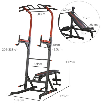 Workout Station Training Tower with Adjustable Height and 5-Position Reclining Backrest Chin-Up Fitness Bar Push-Ups Steel 108x178x202-238 cm Black