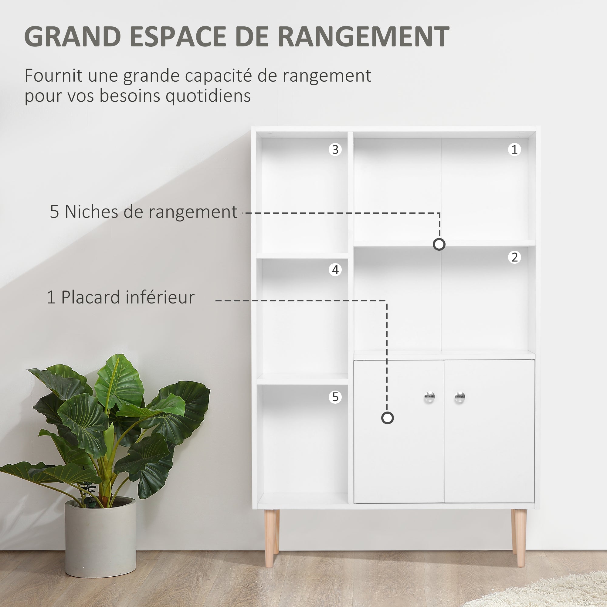 Scandinavian Bookcase Storage Furniture dim. 80L x 23.5W x 123H cm 5 niches cupboard 2 doors tapered solid pine wood particle boards white