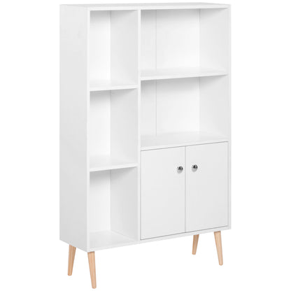 Scandinavian Bookcase Storage Furniture dim. 80L x 23.5W x 123H cm 5 niches cupboard 2 doors tapered solid pine wood particle boards white