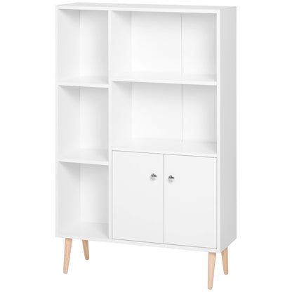 Scandinavian Bookcase Storage Furniture dim. 80L x 23.5W x 123H cm 5 niches cupboard 2 doors tapered solid pine wood particle boards white