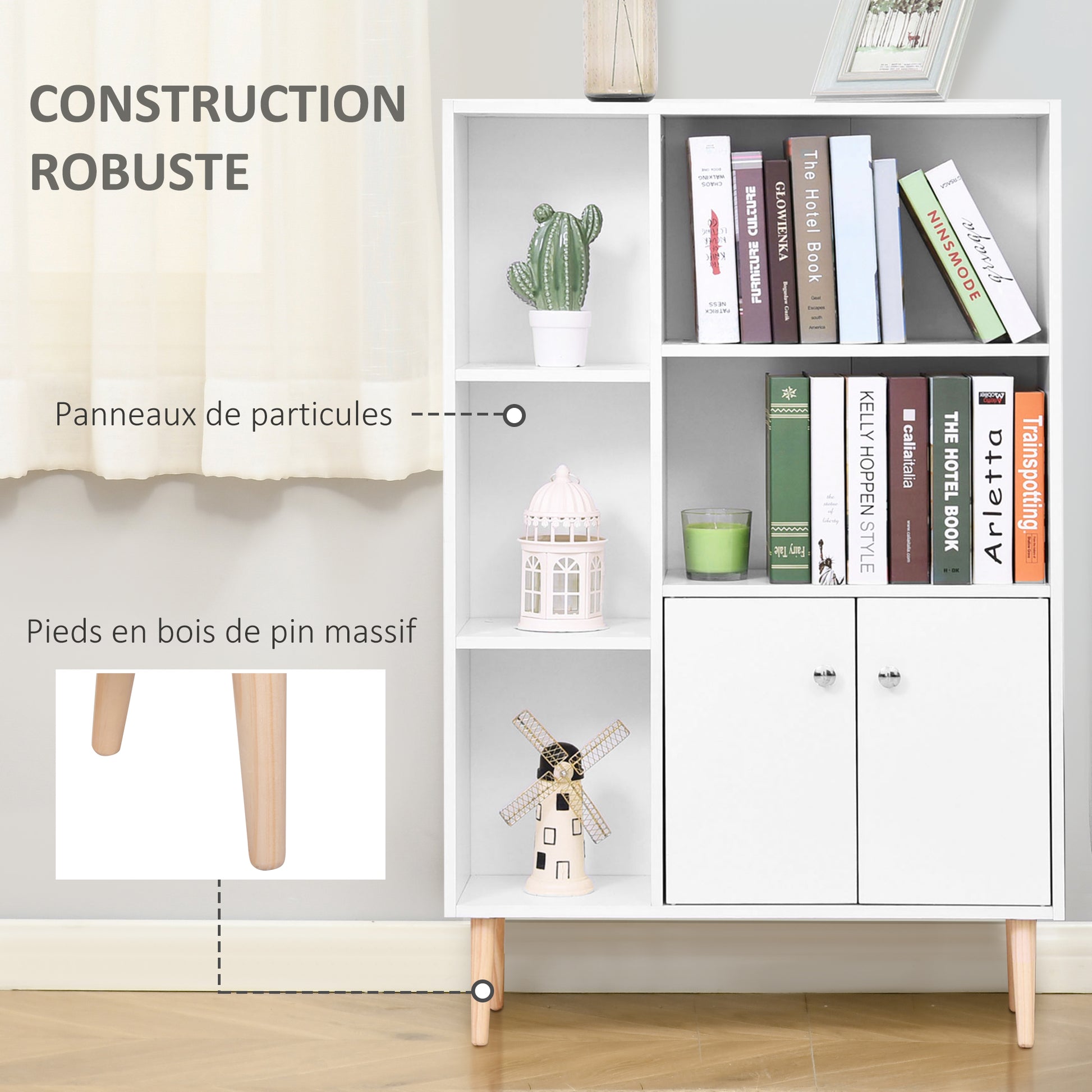 Scandinavian Bookcase Storage Furniture dim. 80L x 23.5W x 123H cm 5 niches cupboard 2 doors tapered solid pine wood particle boards white