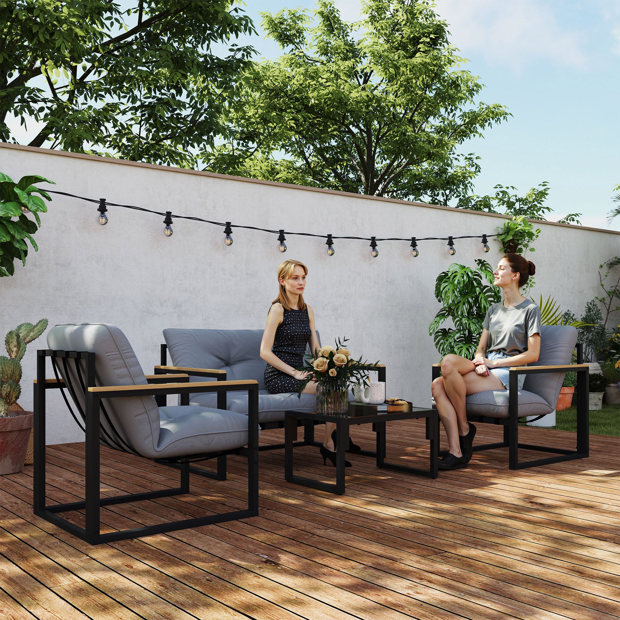 4-Piece Outdoor Garden Set Furniture with 2 Armchairs, 1 Two-Seater Sofa with Cushions, and Center Table with Tempered Glass Top in Gray and Black
