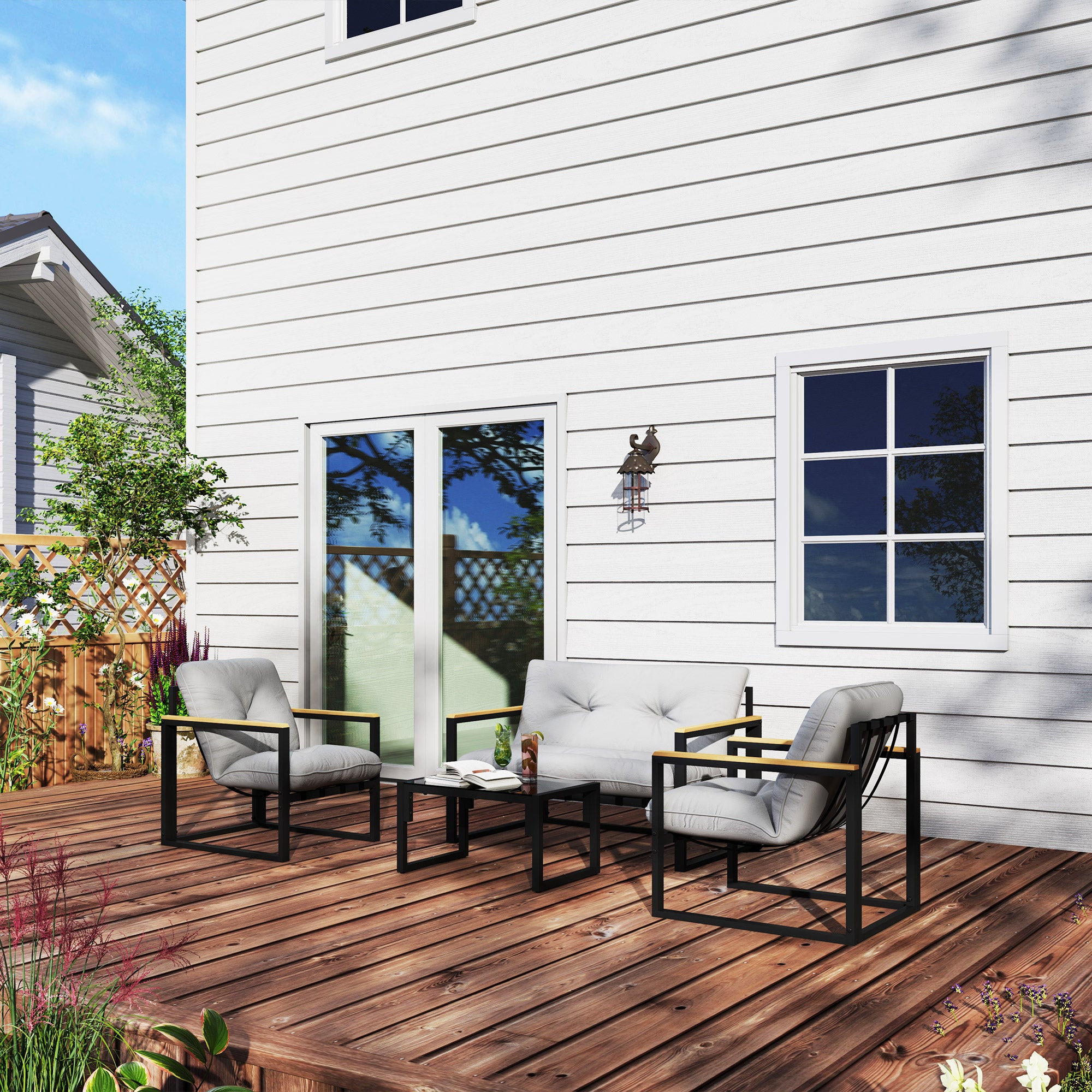 4-Piece Outdoor Garden Set Furniture with 2 Armchairs, 1 Two-Seater Sofa with Cushions, and Center Table with Tempered Glass Top in Gray and Black