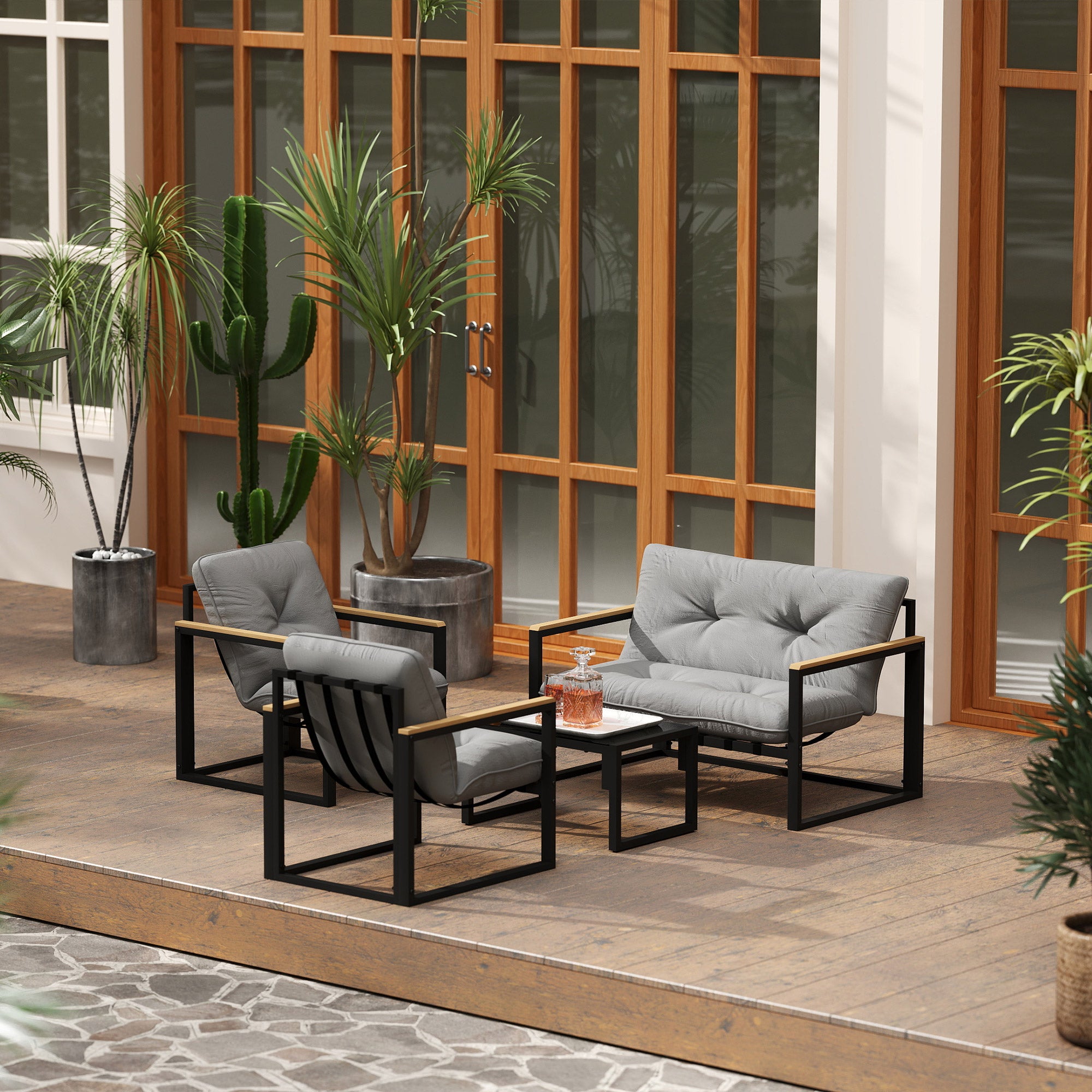 4-Piece Outdoor Garden Set Furniture with 2 Armchairs, 1 Two-Seater Sofa with Cushions, and Center Table with Tempered Glass Top in Gray and Black