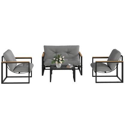 4-Piece Outdoor Garden Set Furniture with 2 Armchairs, 1 Two-Seater Sofa with Cushions, and Center Table with Tempered Glass Top in Gray and Black