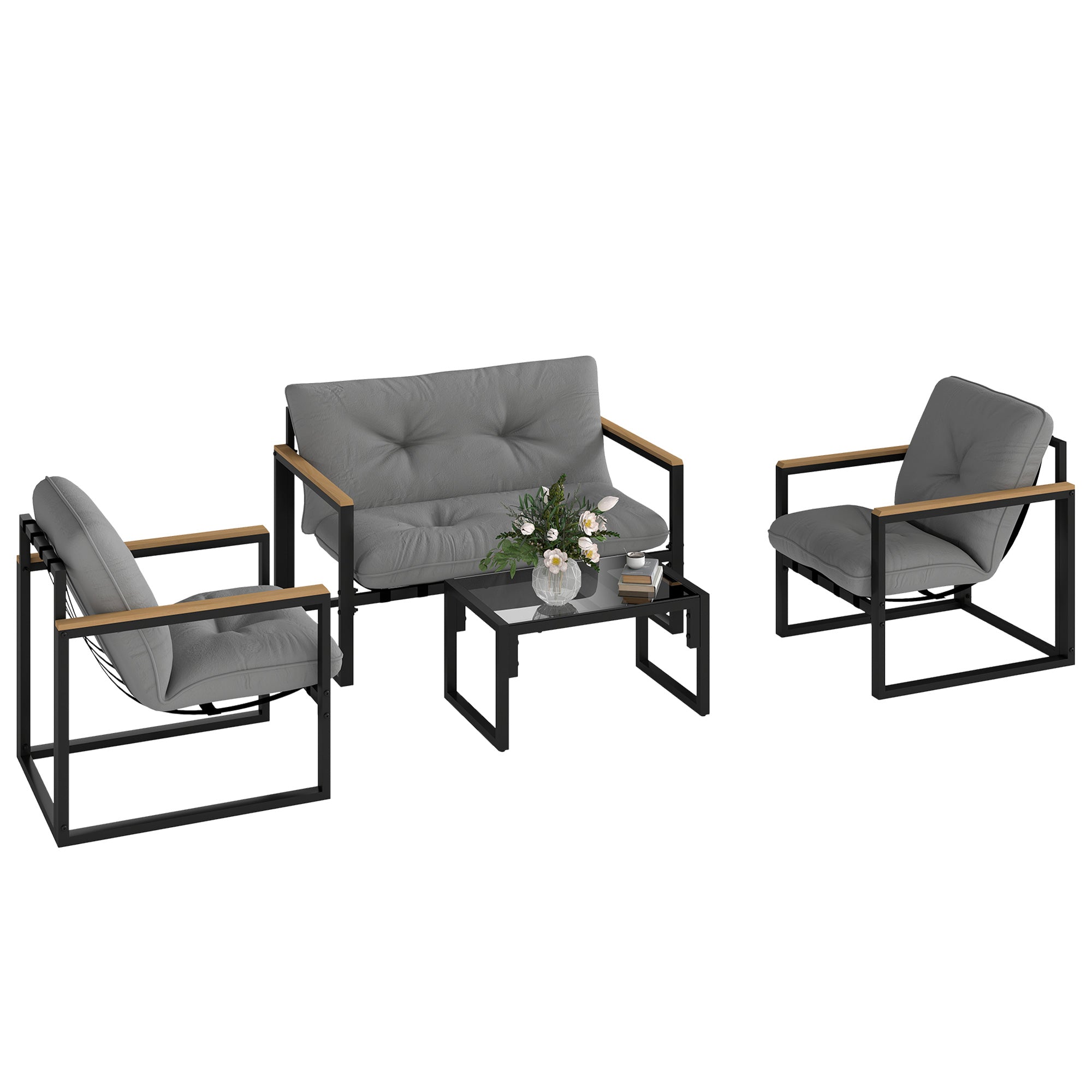 4-Piece Outdoor Garden Set Furniture with 2 Armchairs, 1 Two-Seater Sofa with Cushions, and Center Table with Tempered Glass Top in Gray and Black