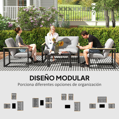 4-Piece Outdoor Garden Set Furniture with 2 Armchairs, 1 Two-Seater Sofa with Cushions, and Center Table with Tempered Glass Top in Gray and Black