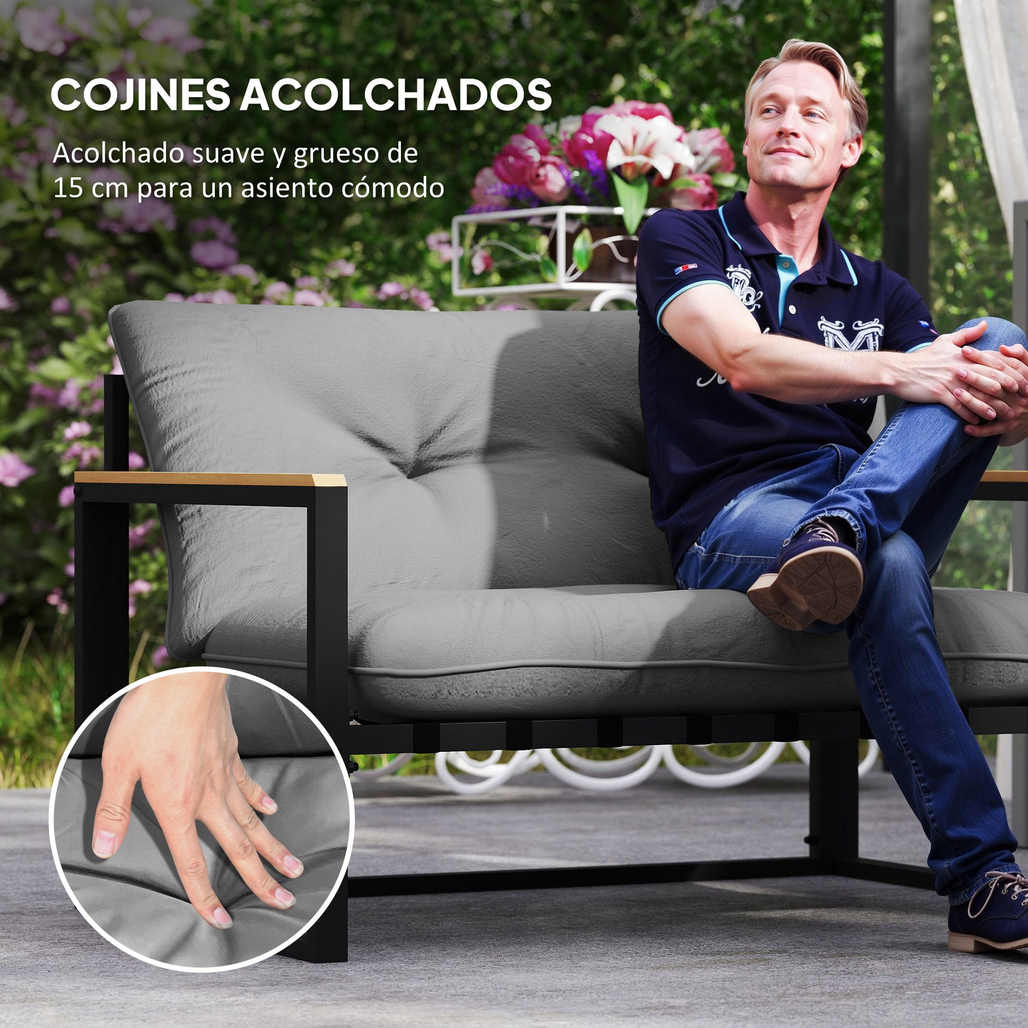 4-Piece Outdoor Garden Set Furniture with 2 Armchairs, 1 Two-Seater Sofa with Cushions, and Center Table with Tempered Glass Top in Gray and Black