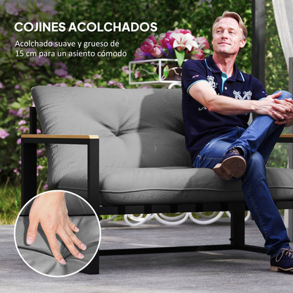 4-Piece Outdoor Garden Set Furniture with 2 Armchairs, 1 Two-Seater Sofa with Cushions, and Center Table with Tempered Glass Top in Gray and Black