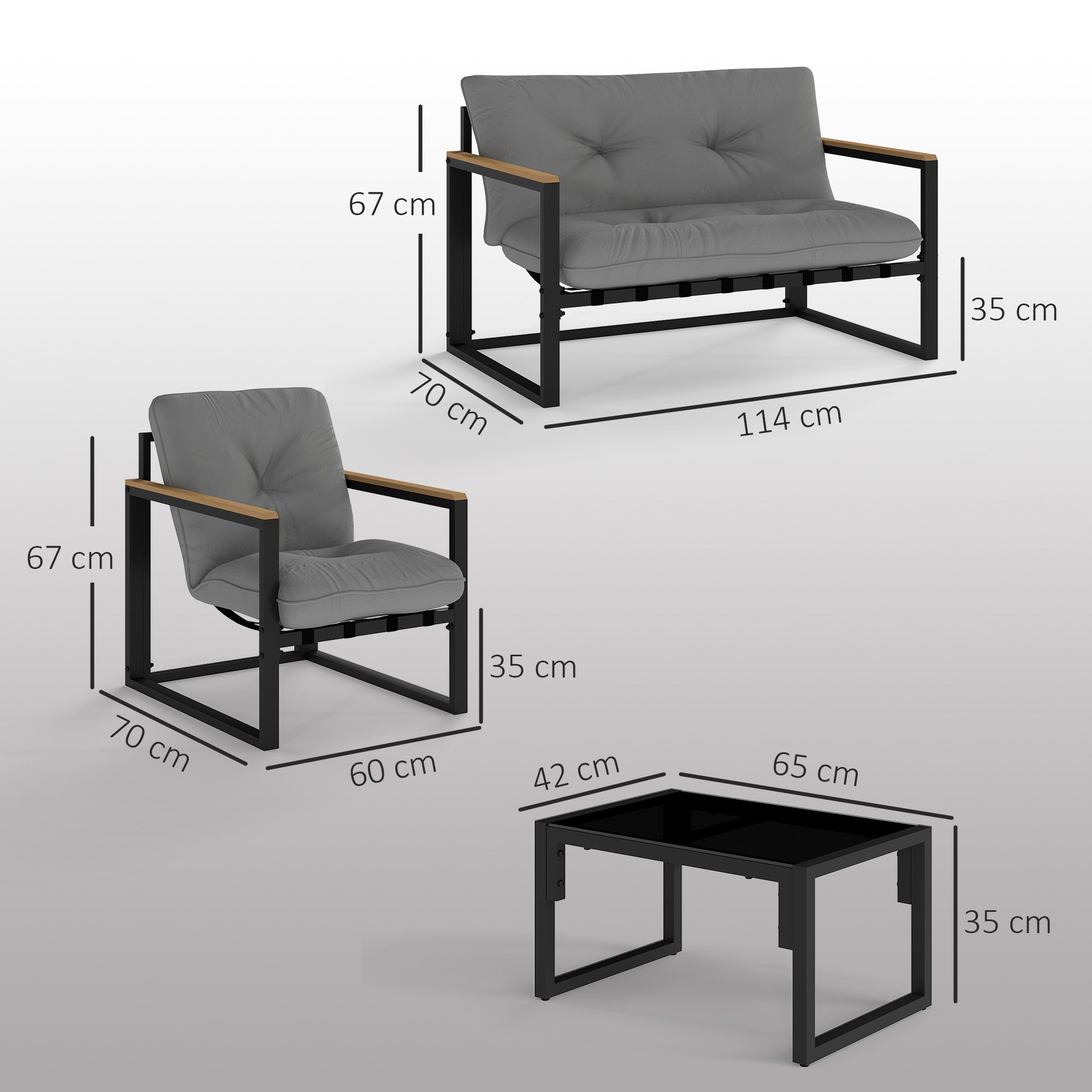 4-Piece Outdoor Garden Set Furniture with 2 Armchairs, 1 Two-Seater Sofa with Cushions, and Center Table with Tempered Glass Top in Gray and Black