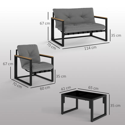 4-Piece Outdoor Garden Set Furniture with 2 Armchairs, 1 Two-Seater Sofa with Cushions, and Center Table with Tempered Glass Top in Gray and Black