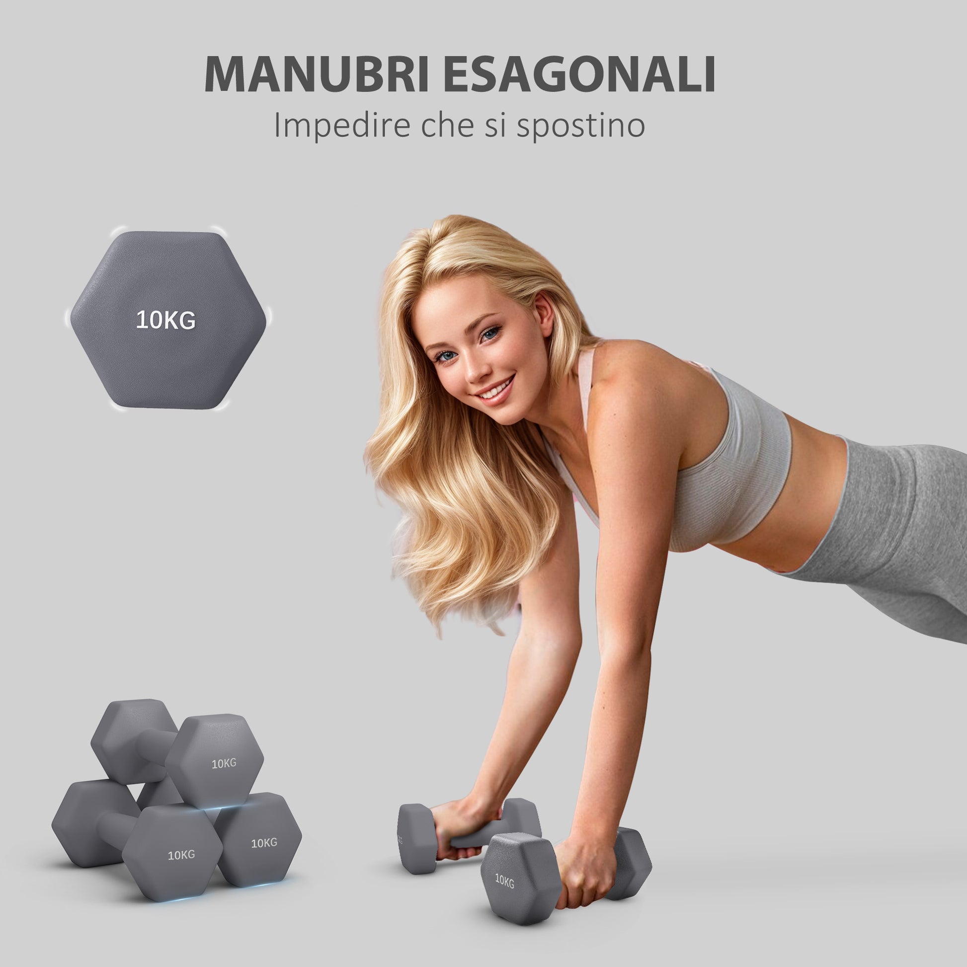 SPORTNOW 2x10 kg Hex Dumbbells Set in Metal and Plastic, 2 Dumbbell Weights with Non-slip Grip, 26x12x12 cm, Gray