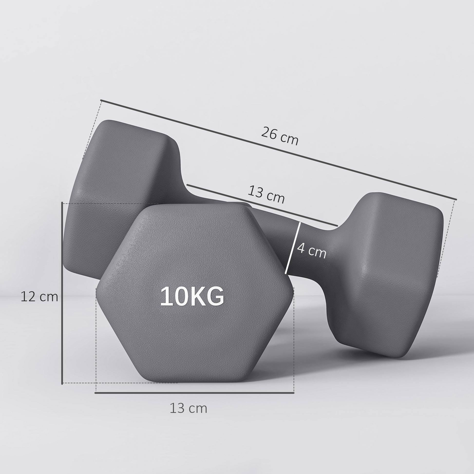 SPORTNOW 2x10 kg Hex Dumbbells Set in Metal and Plastic, 2 Dumbbell Weights with Non-slip Grip, 26x12x12 cm, Gray