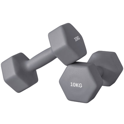 SPORTNOW 2x10 kg Hex Dumbbells Set in Metal and Plastic, 2 Dumbbell Weights with Non-slip Grip, 26x12x12 cm, Gray