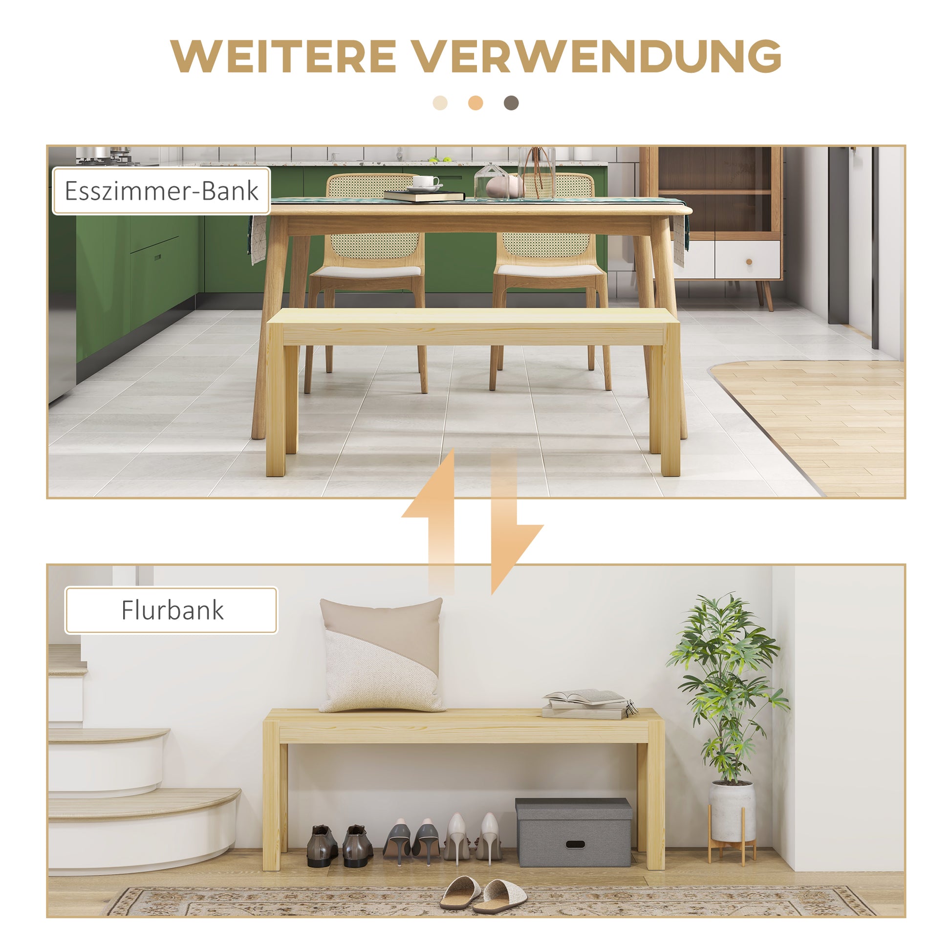 2-Seater Wooden Bench Country-style Kitchen Bench for Living Room, Kitchen, Entrance, Pine Wood, Supports up to 240 kg, 120 x 33 x 45 cm, Natural
