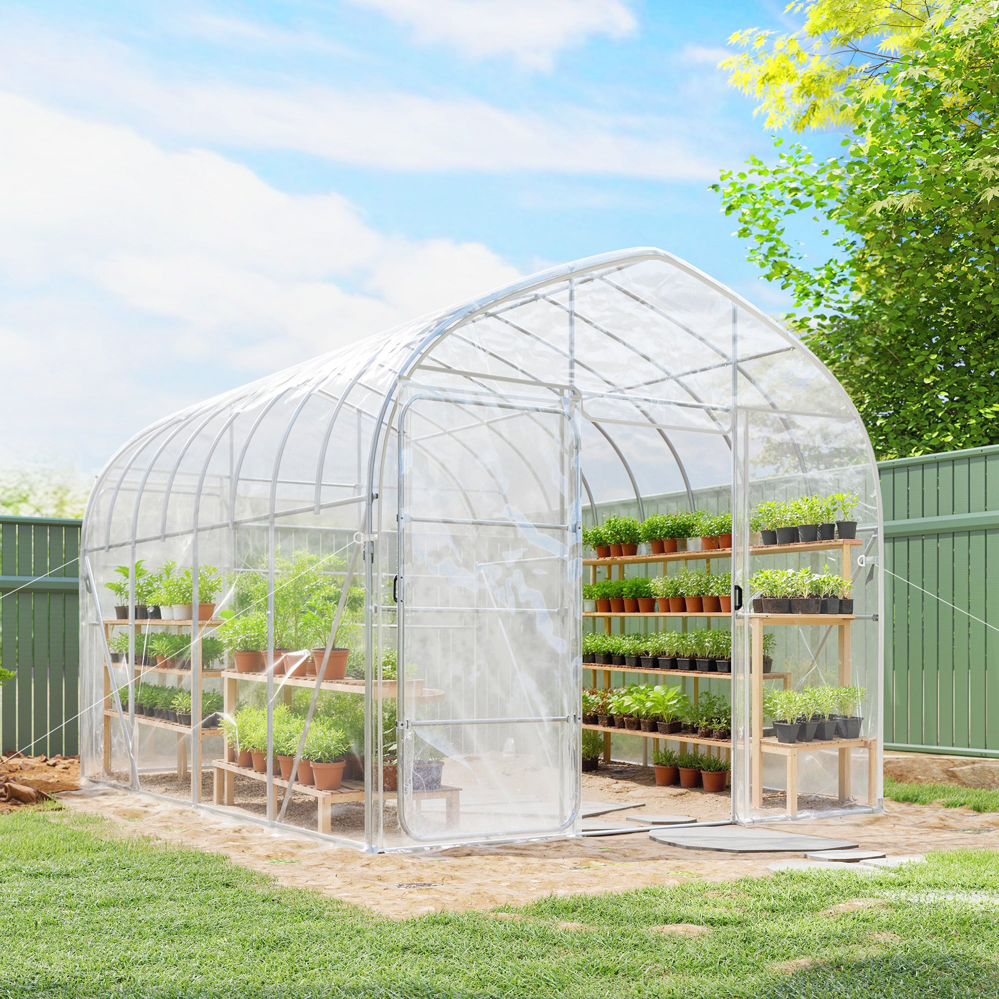 3 x 4 m (≈9.8 x 13 ft) Tunnel Greenhouse with PO Cover, 2 Hinged Doors — Clear