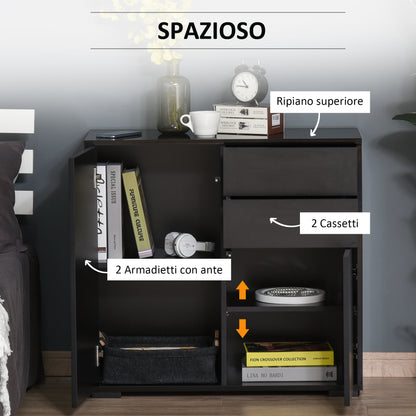 Cabinet with 2 Drawers and 2 Doors, Push-Open Design, Cabinet with 2 Drawers and 2 Doors for Home and Office, 79x36x74cm, Matte Black