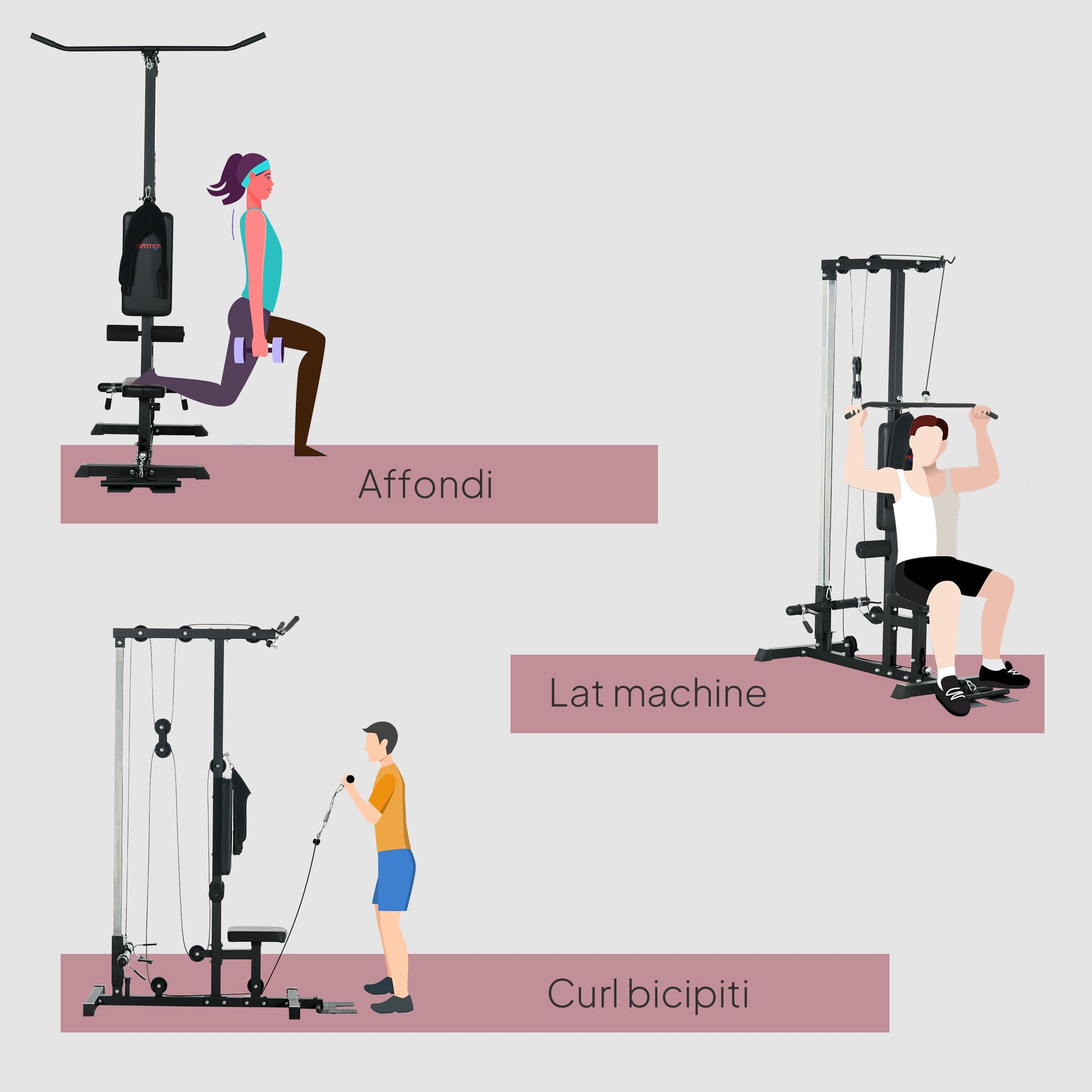 SPORTNOW Multifunction Fitness Station, Power Tower with Lat Machine, Adjustable Height Seat, Back Extension and Weight Plate Support, 140x108x197 cm, Black