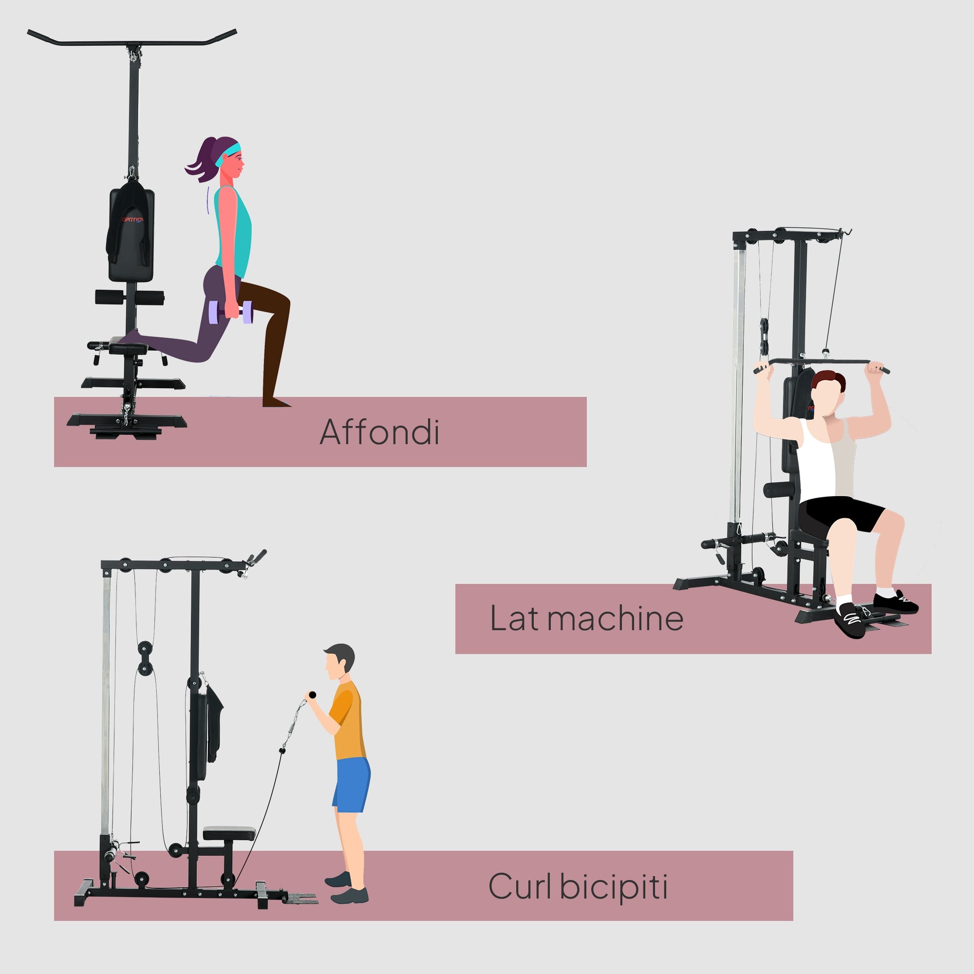 SPORTNOW Multifunction Fitness Station, Power Tower with Lat Machine, Adjustable Height Seat, Back Extension and Weight Plate Support, 140x108x197 cm, Black
