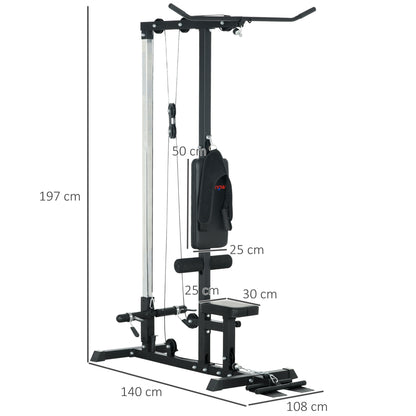 SPORTNOW Multifunction Fitness Station, Power Tower with Lat Machine, Adjustable Height Seat, Back Extension and Weight Plate Support, 140x108x197 cm, Black