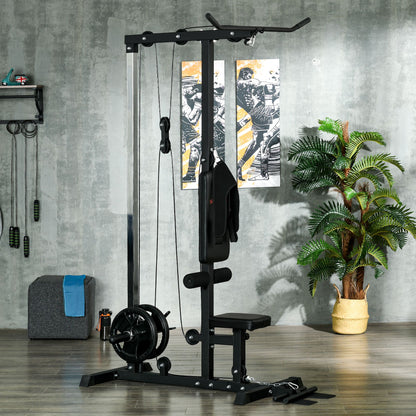 SPORTNOW Multifunction Fitness Station, Power Tower with Lat Machine, Adjustable Height Seat, Back Extension and Weight Plate Support, 140x108x197 cm, Black