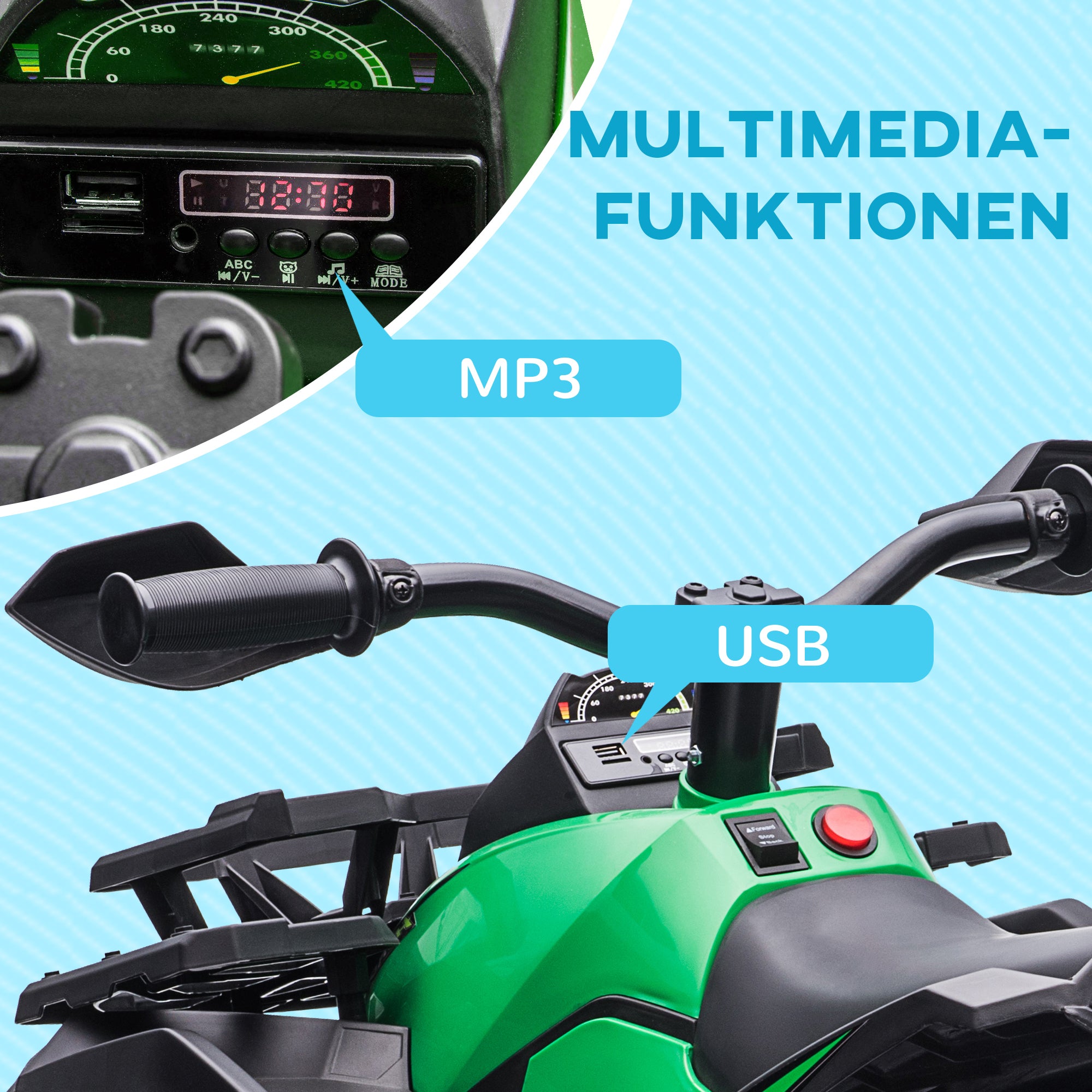 Electric Quad for Kids, 12V 10Ah Kids Quad with Forward, Reverse Function, 2 Motors, USB Connection, MP3 Music Player, Kids Vehicle with Headlights 3-8 km/h, for 3-5 Years, Green