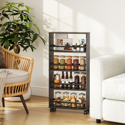 4-Tier Rolling Serving Cart with Handle and Brakes — Slim Utility Trolley for Kitchen, Office, Bathroom, Black