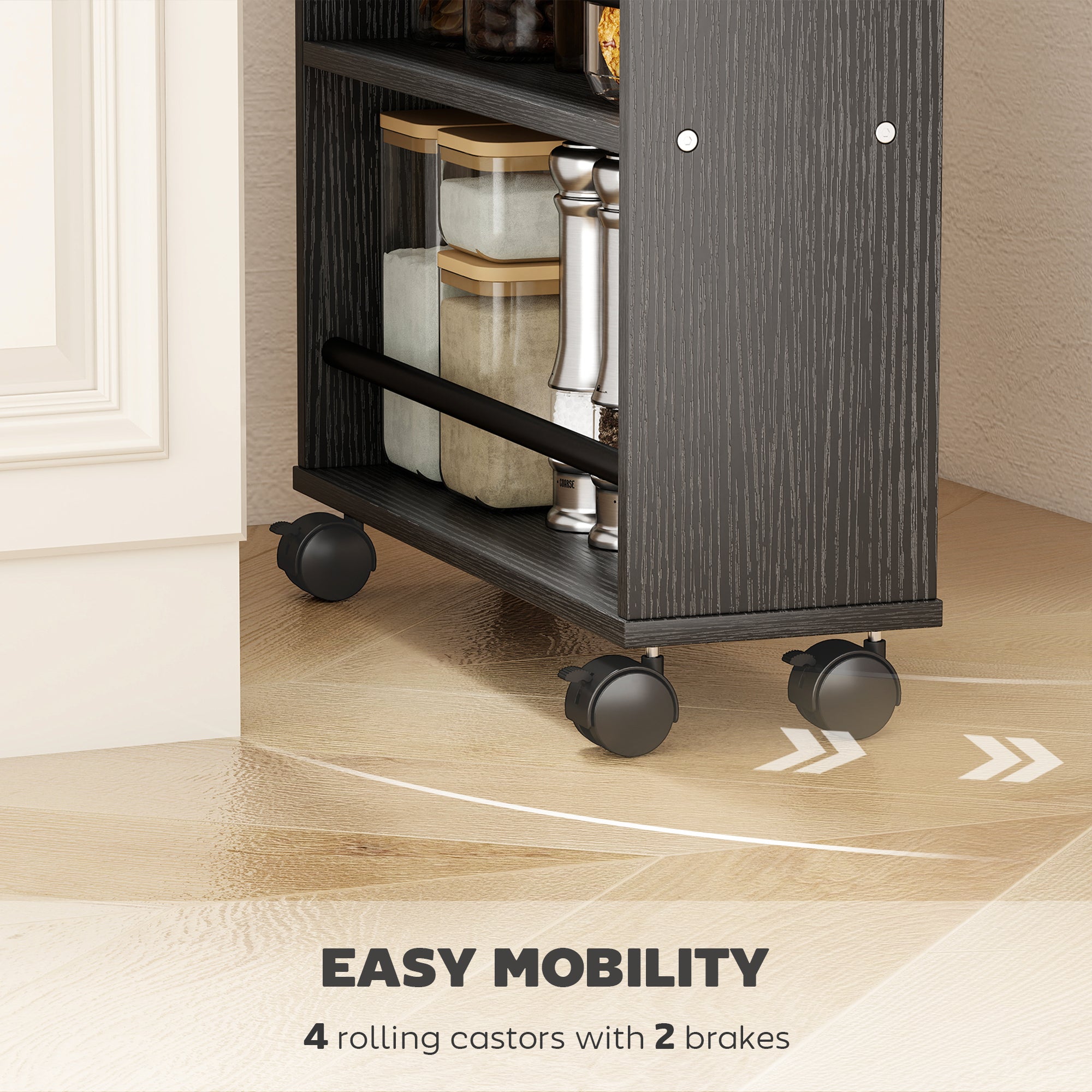 4-Tier Rolling Serving Cart with Handle and Brakes — Slim Utility Trolley for Kitchen, Office, Bathroom, Black