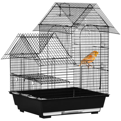 Bird Cage 39x33x47 cm Metal Birdhouse with 3 Doors 2 Feeders 2 Perches Swing Removable Tray and Transport Handle for Canaries Black
