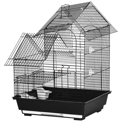 Bird Cage 39x33x47 cm Metal Birdhouse with 3 Doors 2 Feeders 2 Perches Swing Removable Tray and Transport Handle for Canaries Black