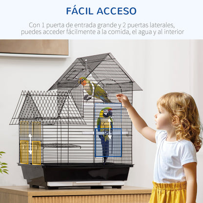 Bird Cage 39x33x47 cm Metal Birdhouse with 3 Doors 2 Feeders 2 Perches Swing Removable Tray and Transport Handle for Canaries Black