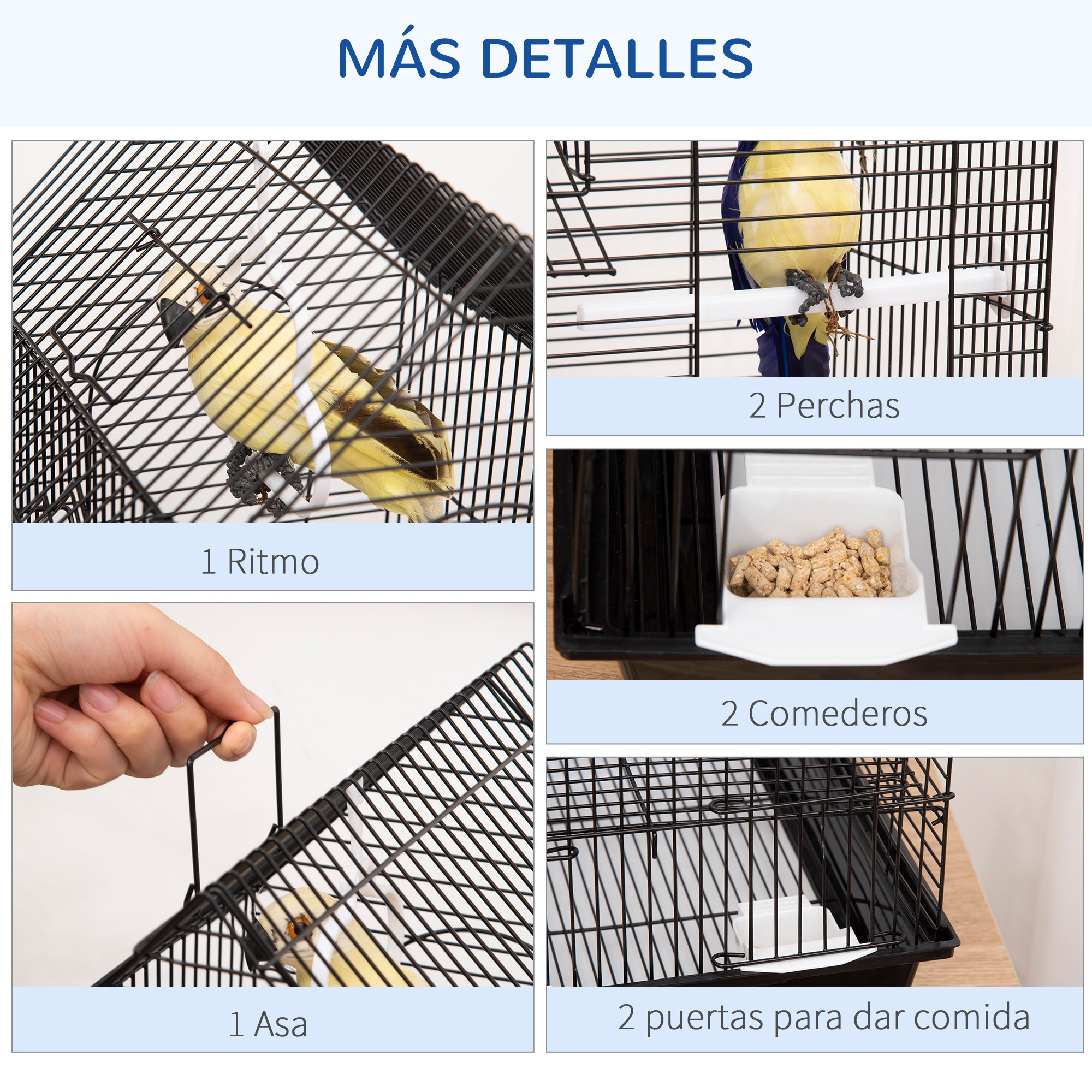 Bird Cage 39x33x47 cm Metal Birdhouse with 3 Doors 2 Feeders 2 Perches Swing Removable Tray and Transport Handle for Canaries Black