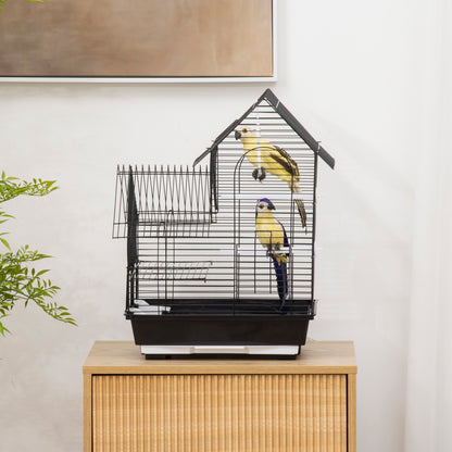 Bird Cage 39x33x47 cm Metal Birdhouse with 3 Doors 2 Feeders 2 Perches Swing Removable Tray and Transport Handle for Canaries Black