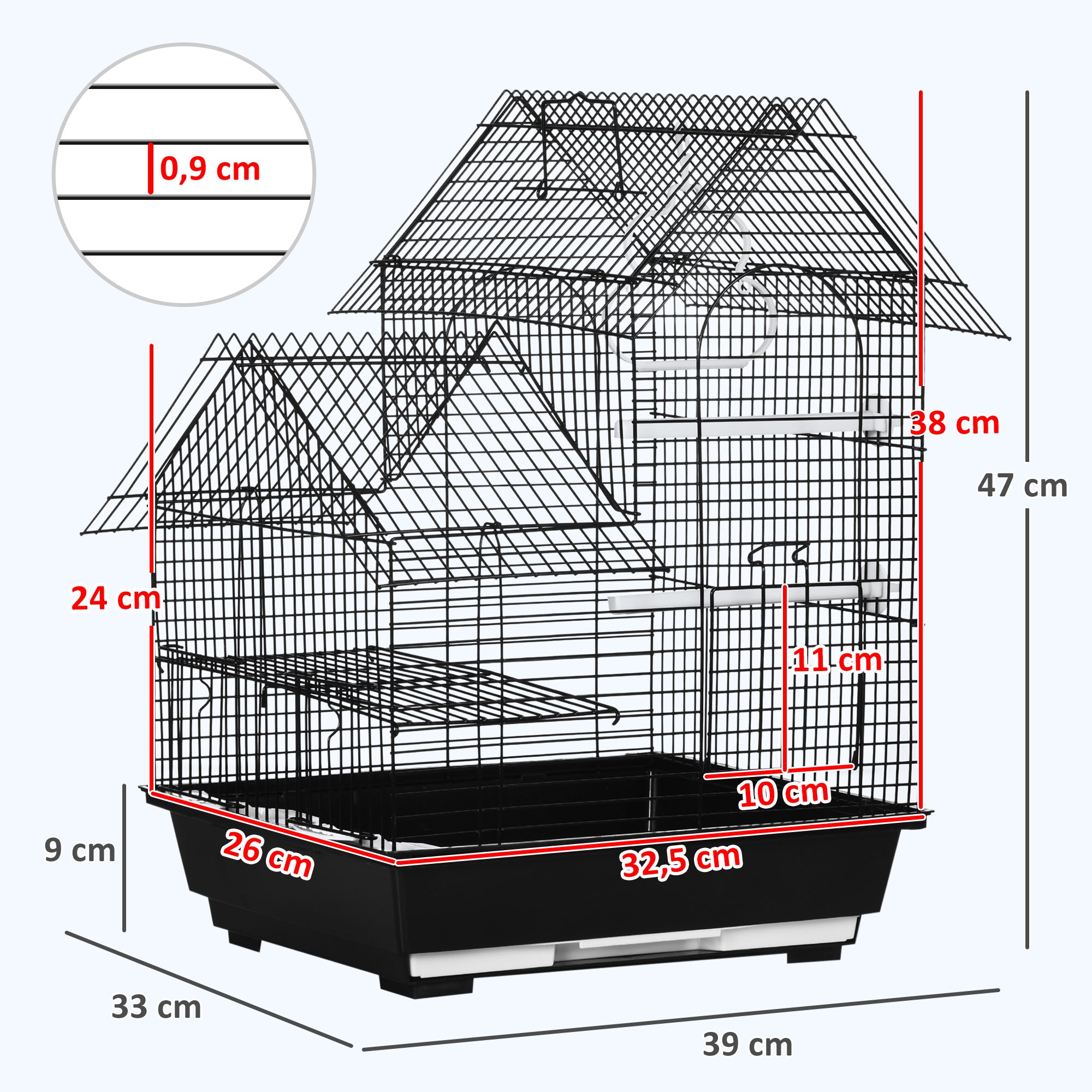 Bird Cage 39x33x47 cm Metal Birdhouse with 3 Doors 2 Feeders 2 Perches Swing Removable Tray and Transport Handle for Canaries Black